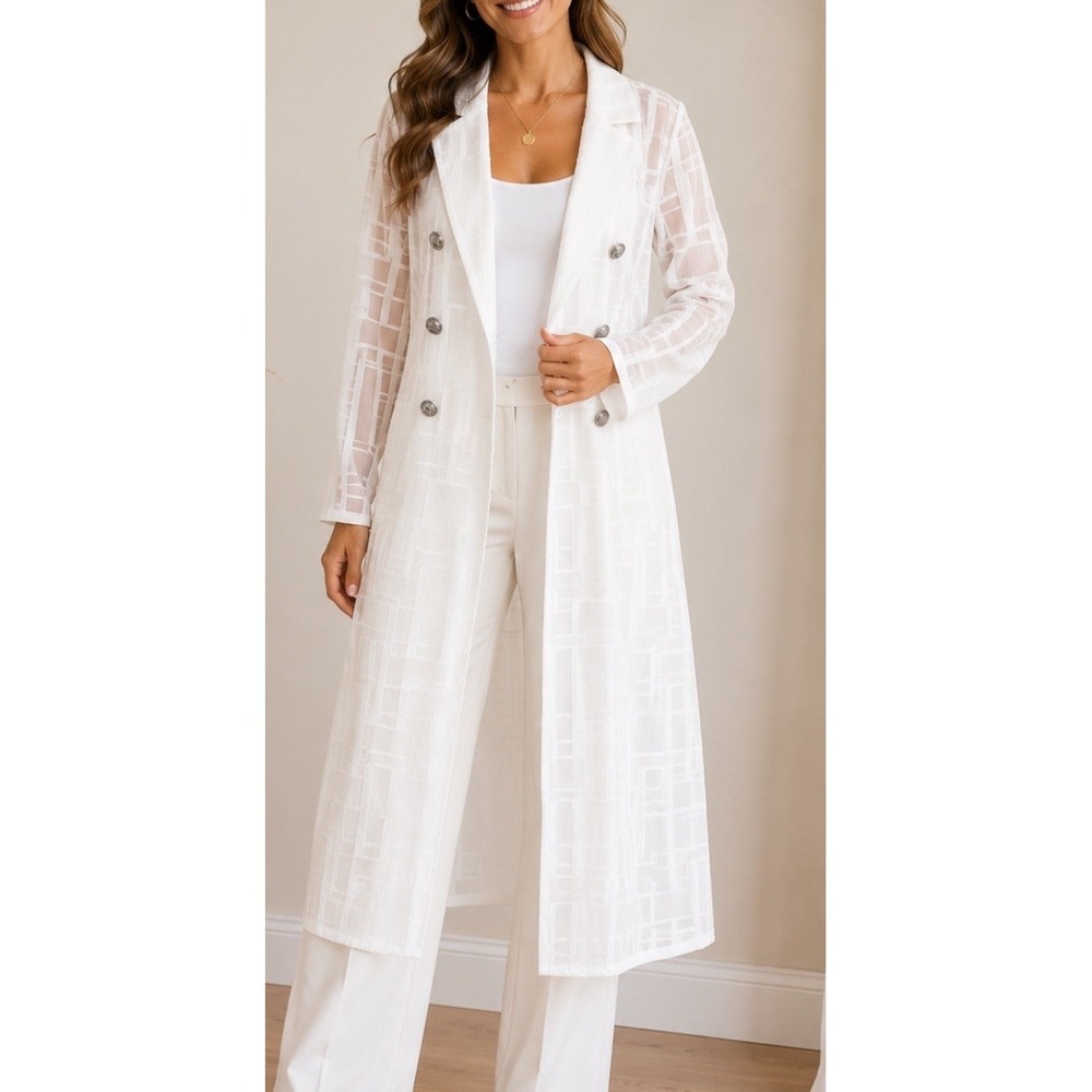 Dennis Basso Sheer Longline Duster Jacket White Size M Light Weight